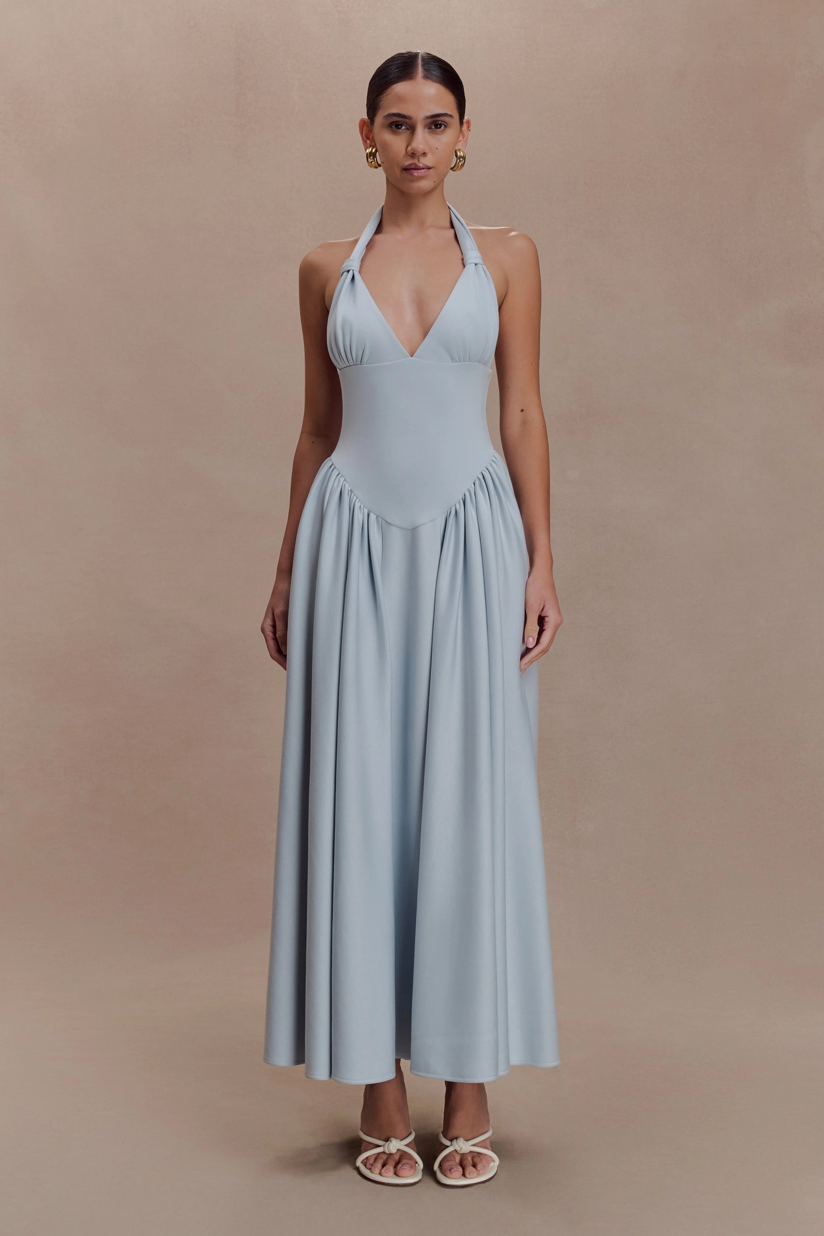 ER Angelina Scuba Halter Midi Dress - Pale Blue