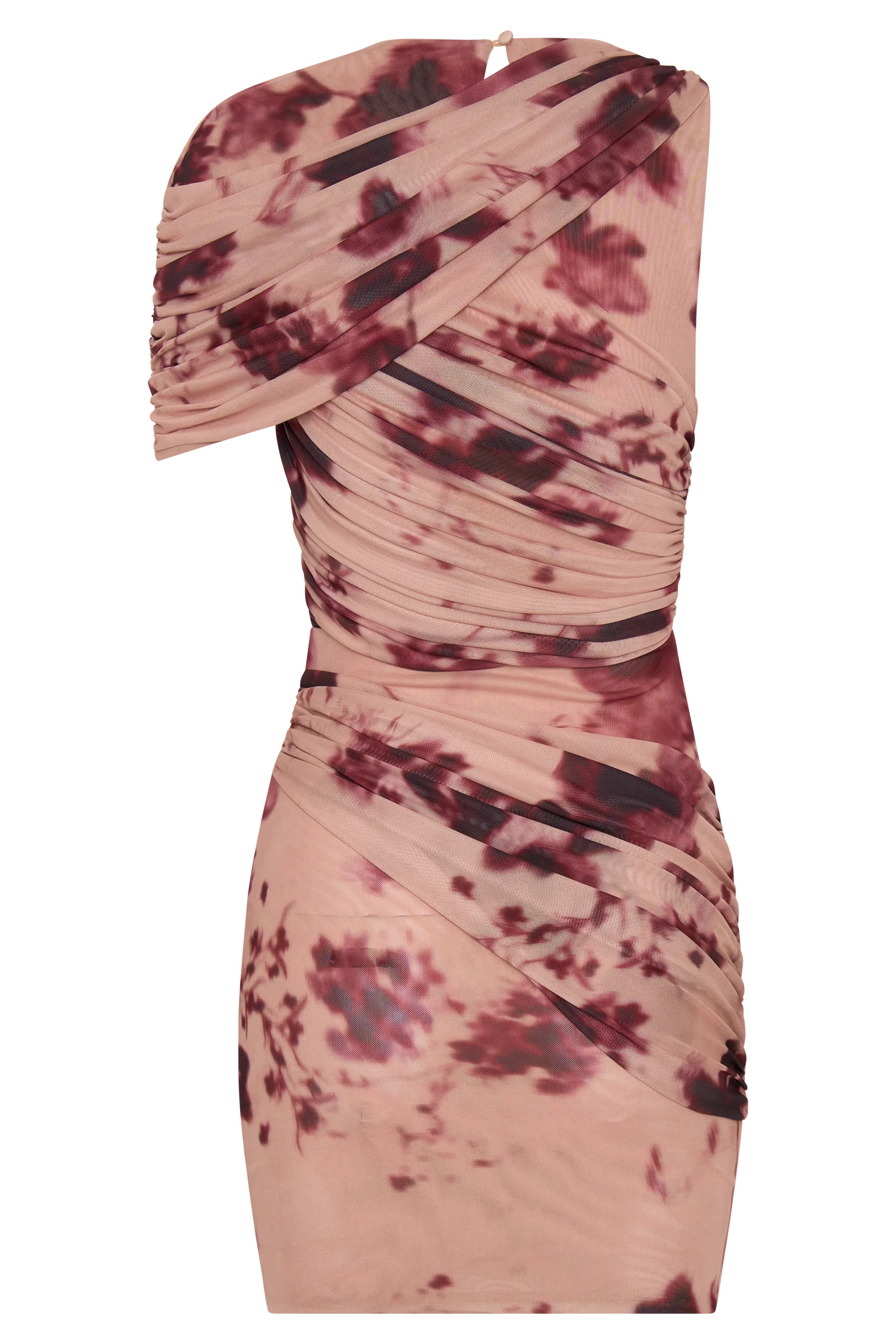 ER Adrienne One Shoulder Mesh Mini Dress - Nude Blurred Floral Print