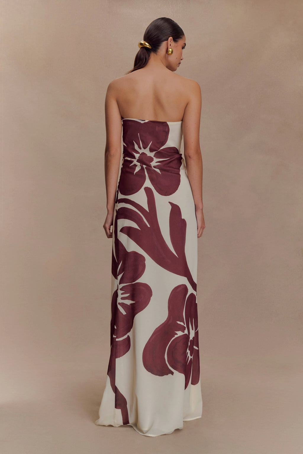 ER Amaya Strapless Chiffon Maxi Dress - Brown Deco Fleur Print