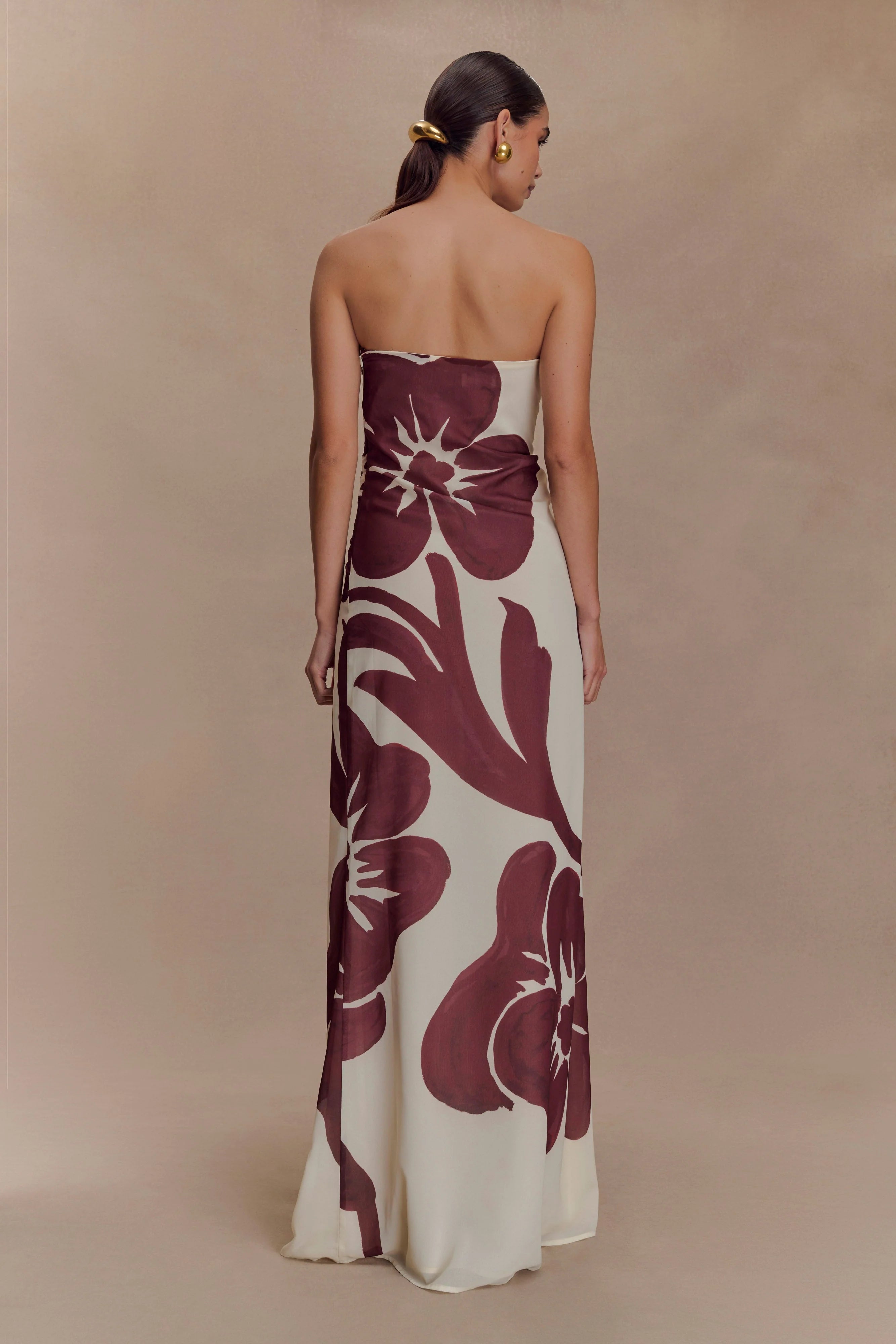 ER Amaya Strapless Chiffon Maxi Dress - Brown Deco Fleur Print