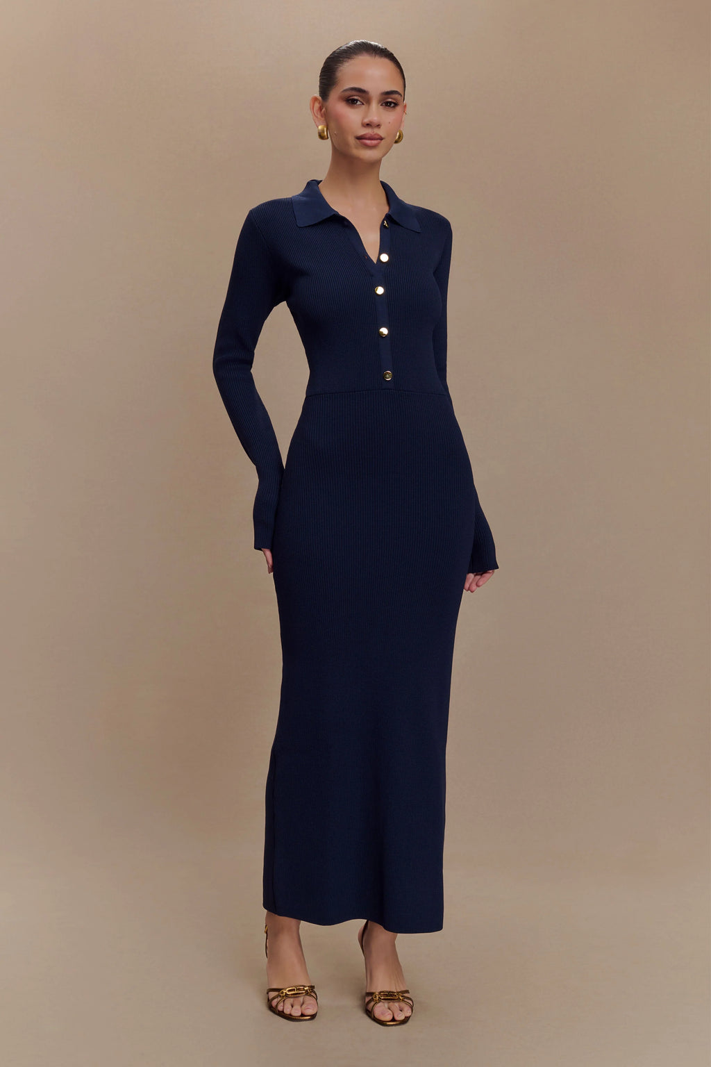 ER Abbey Buttoned Knit Midi Dress - Navy