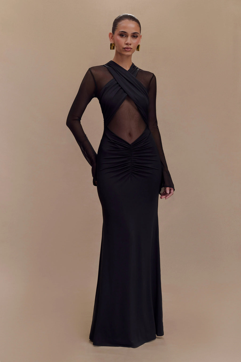 ER Tania Slinky And Mesh Long Sleeve Maxi Dress - Black