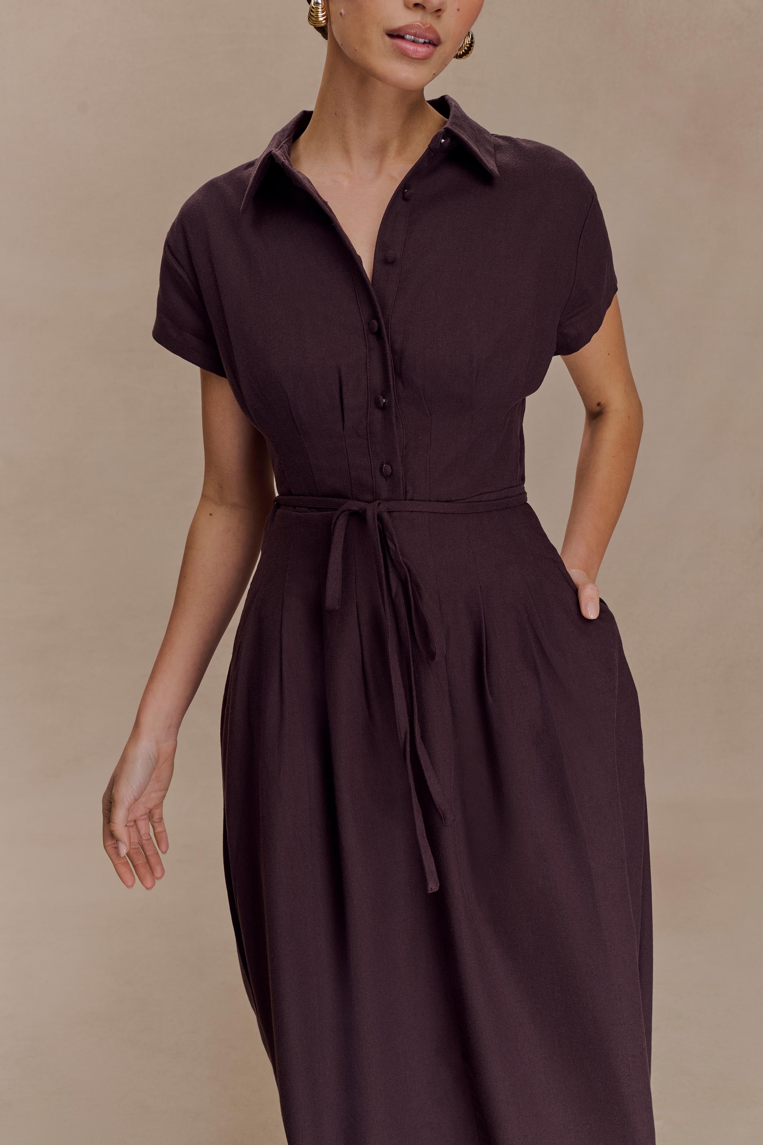 ER Aysha Buttoned Linen Midi Dress - Chocolate