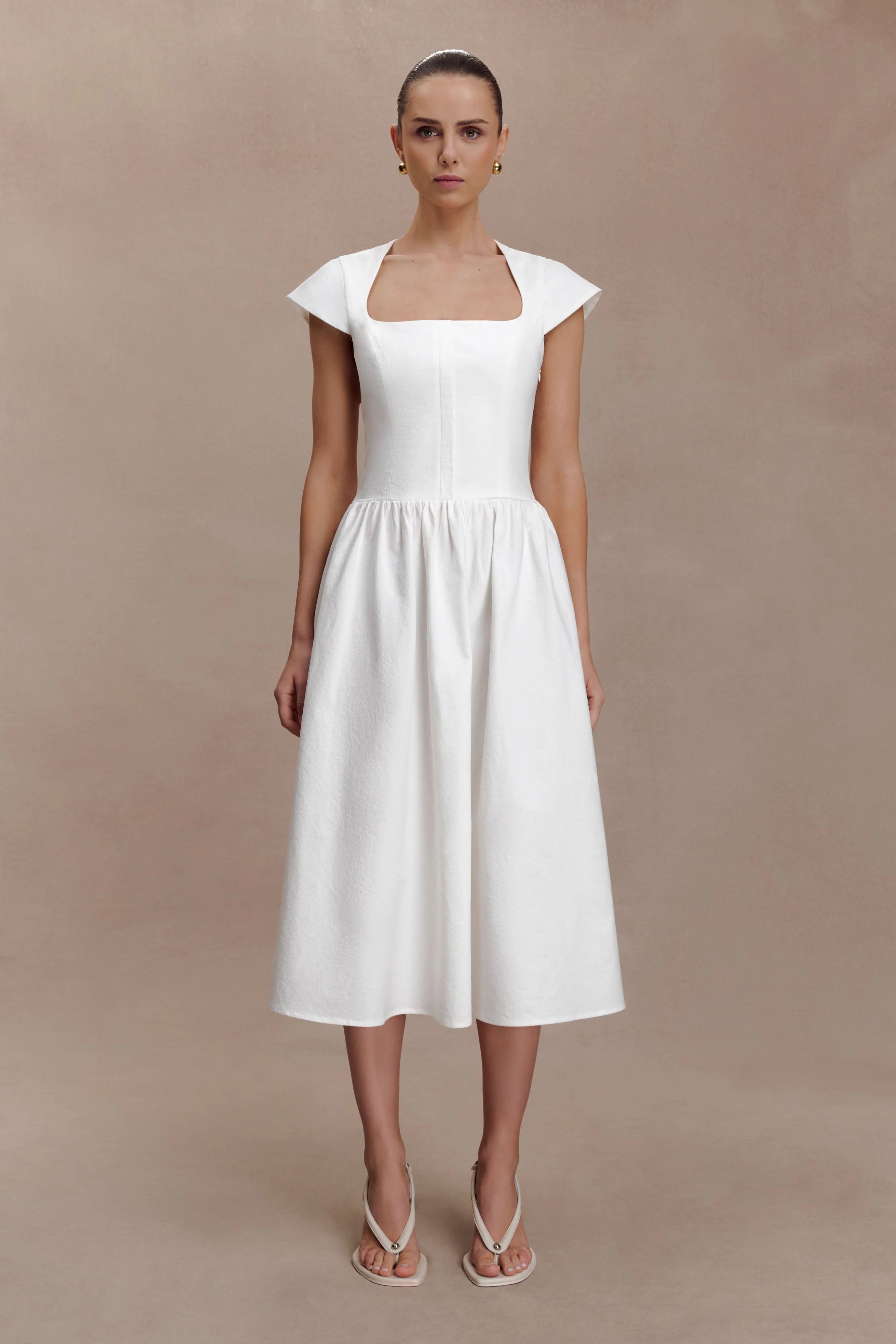 ER Ayla Cotton Fit And Flare Midi Dress - White