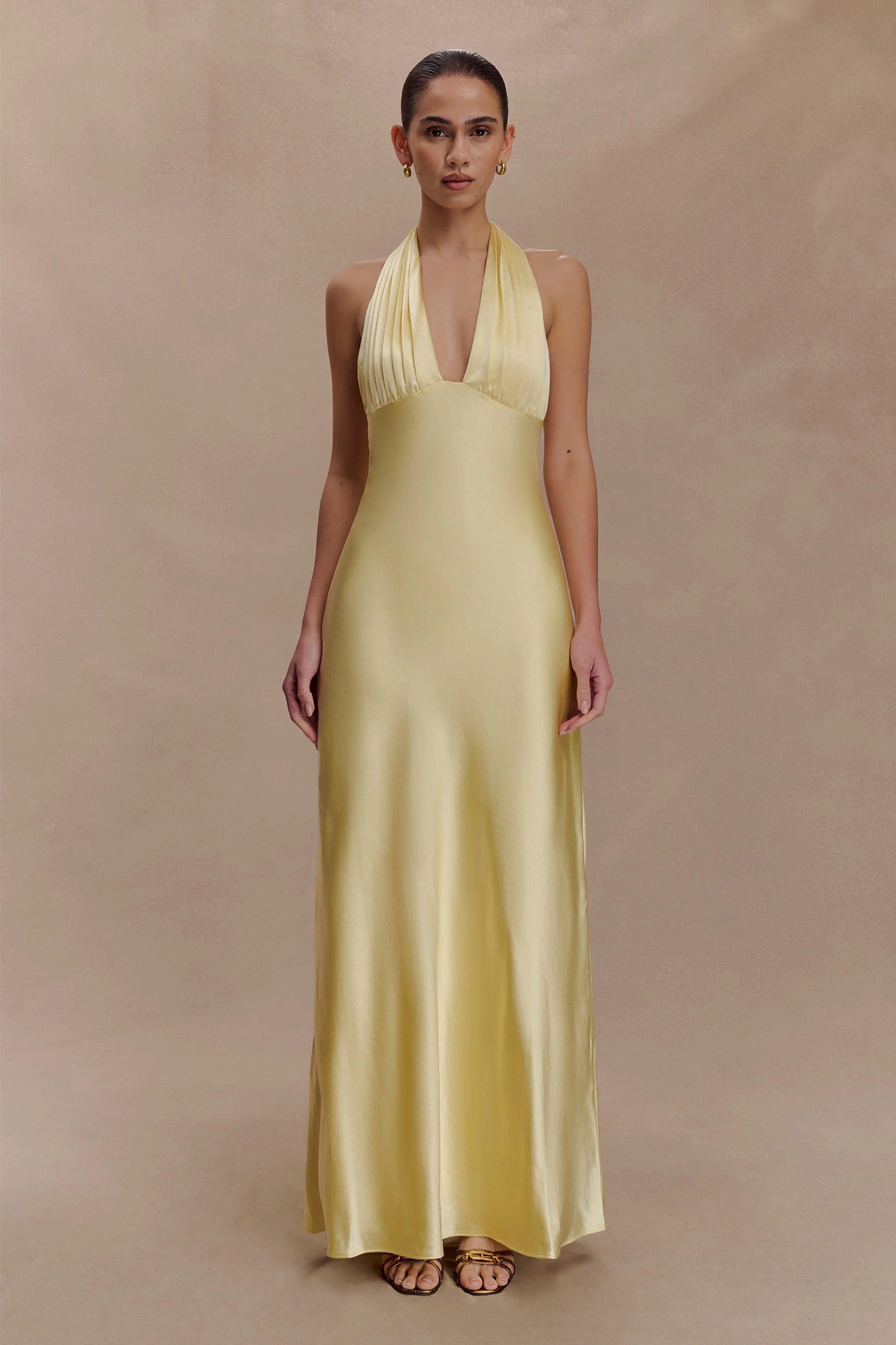 ER Alice Satin Halter Maxi Dress - Lemon