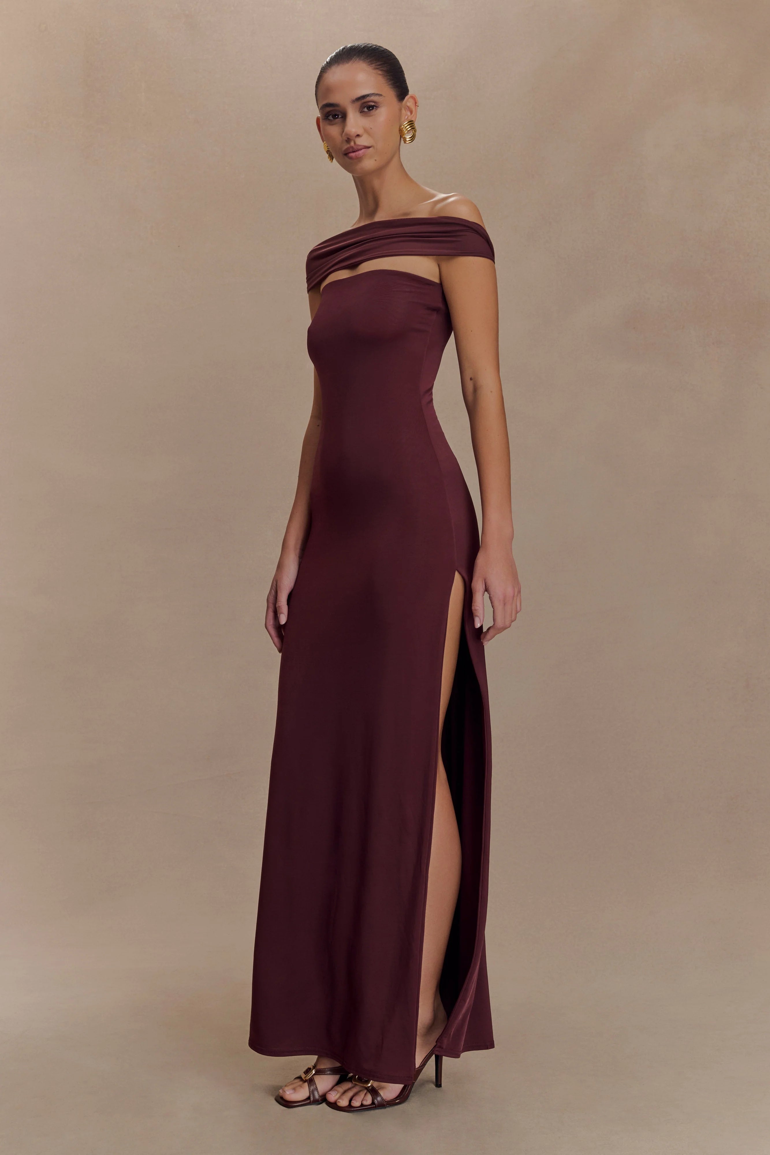 ER Aurora Slinky And Mesh Split Maxi Dress - Mahogany