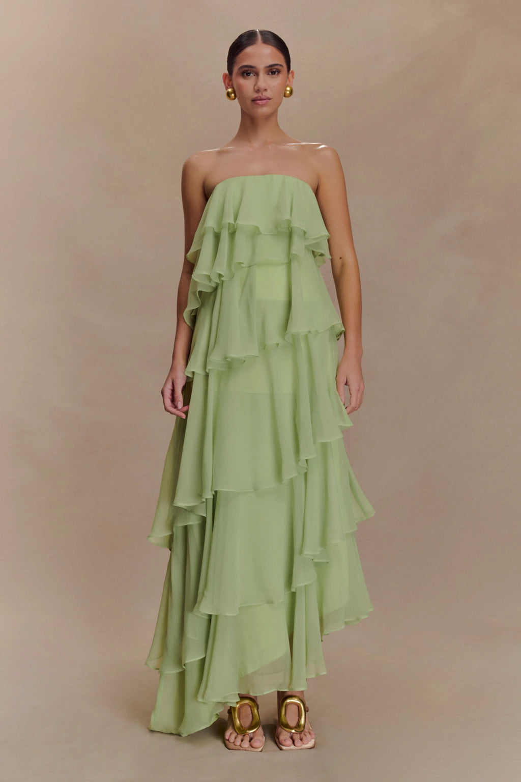 ER Alexa Ruffle Chiffon Maxi Dress - Pastel Lime