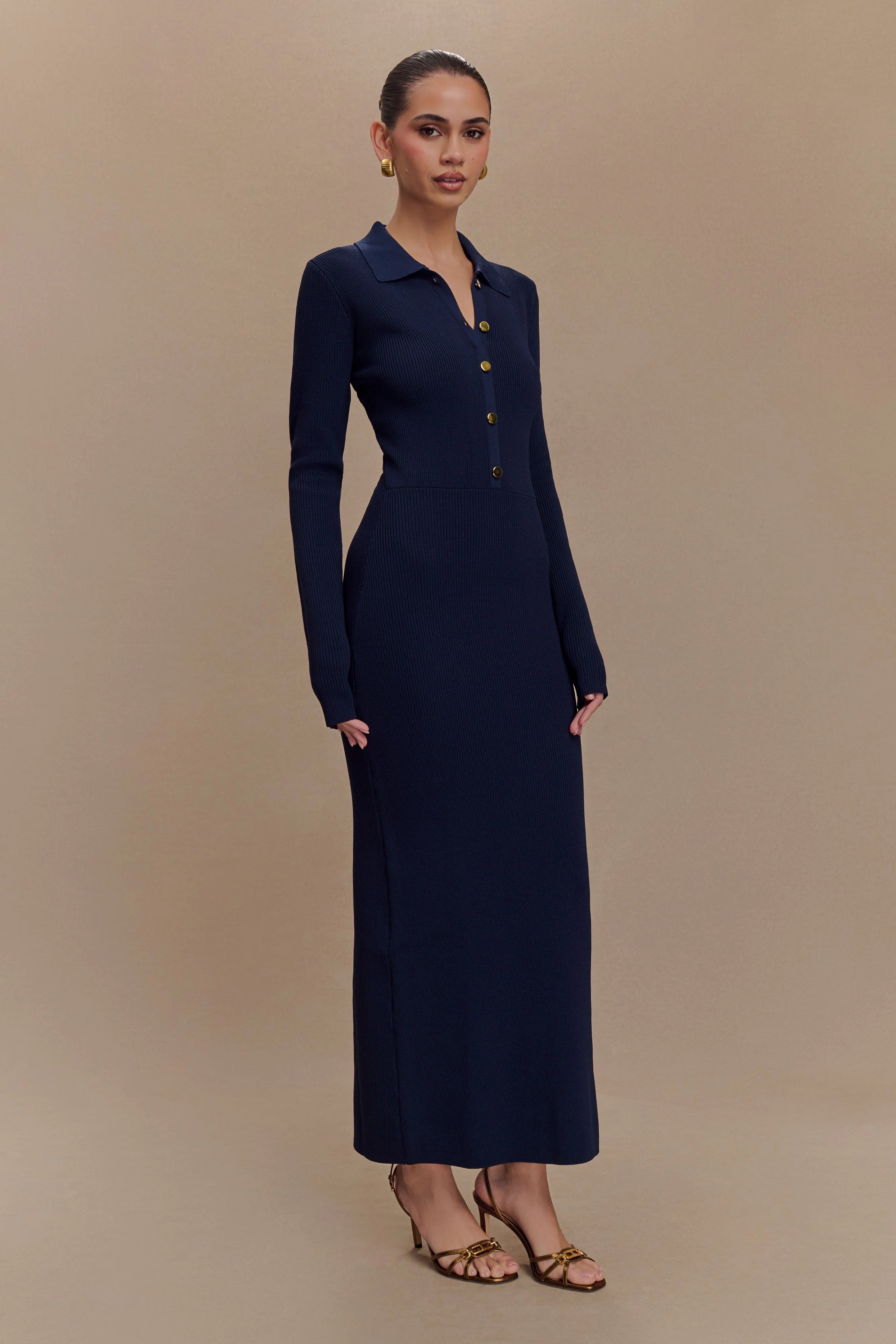 ER Abbey Buttoned Knit Midi Dress - Navy