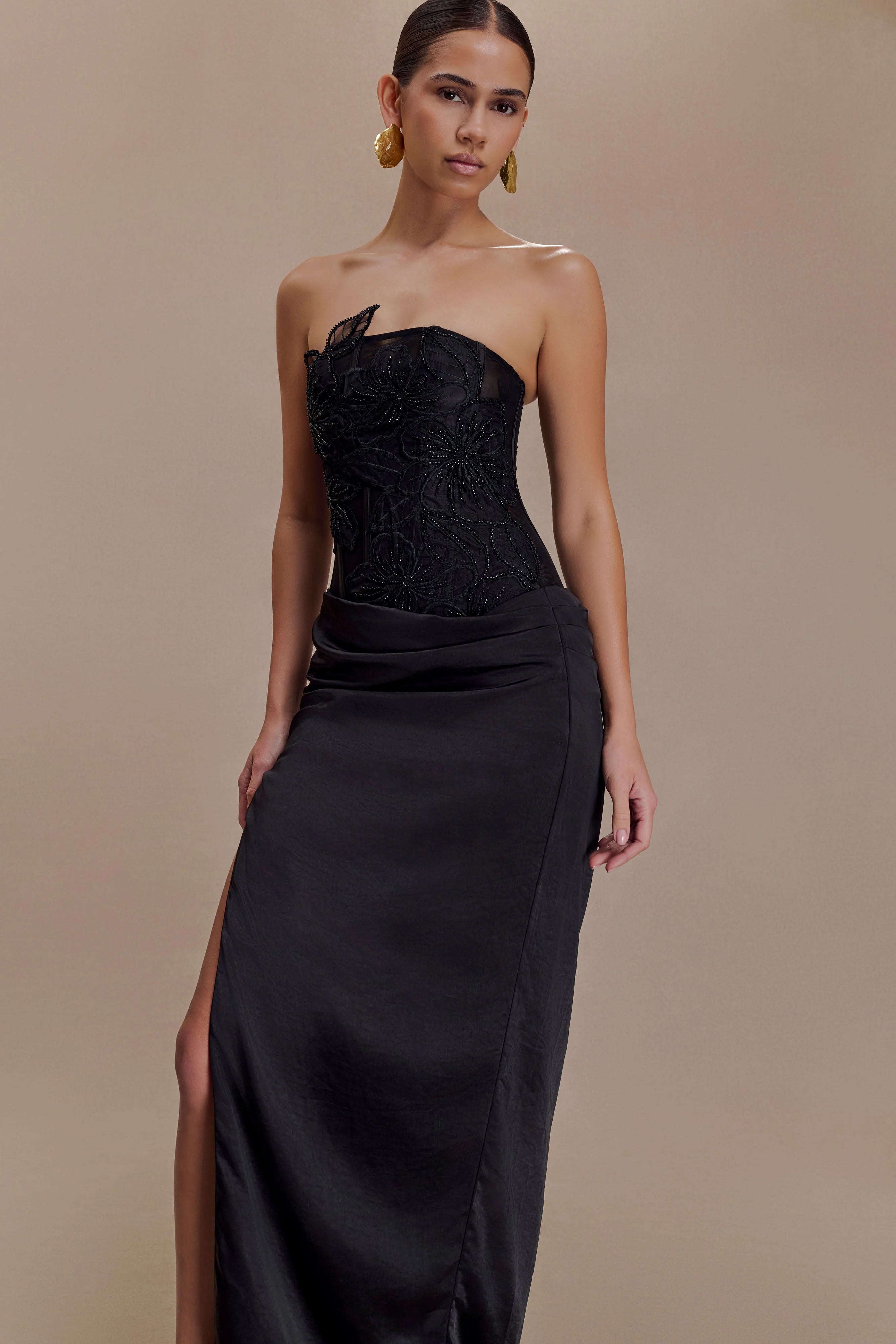 ER Asha Floral Mesh And Satin Maxi Dress - Black