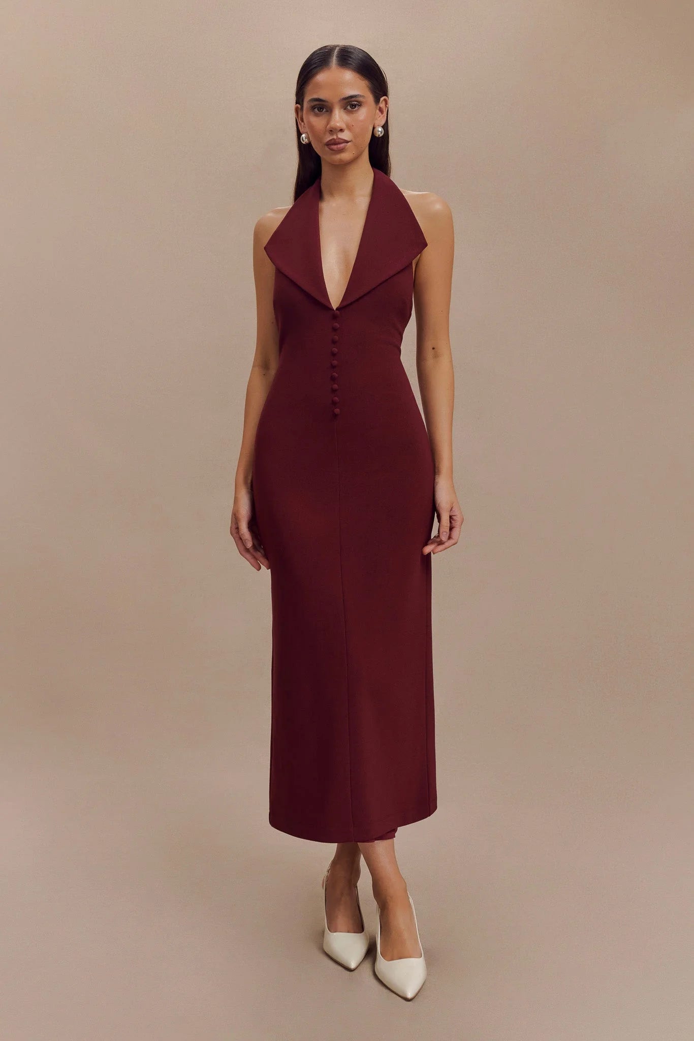 ER Annita Crepe Halter Midi Dress - Merlot