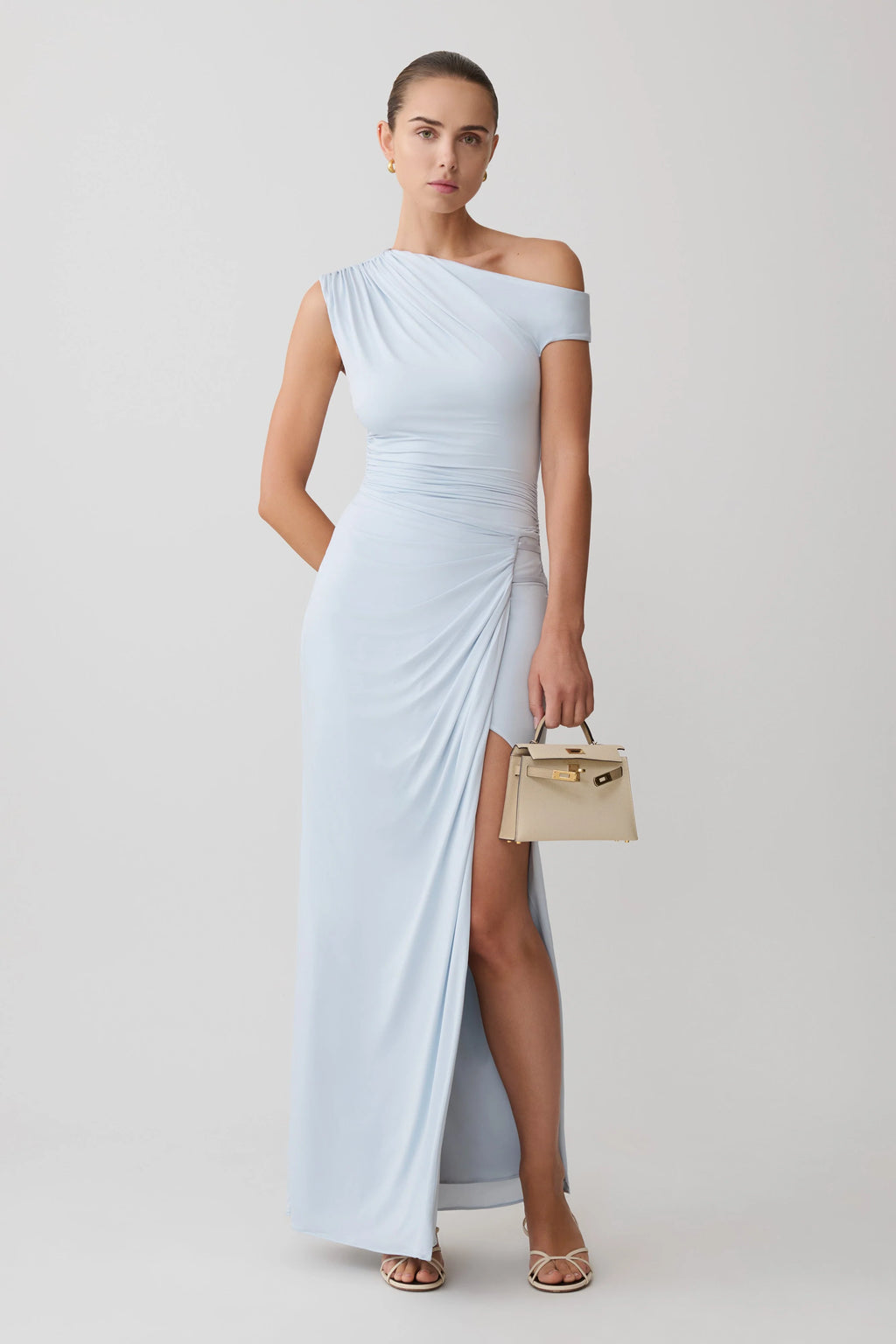 ER Alyn Off Shoulder Draped Maxi Dress - Pale Blue