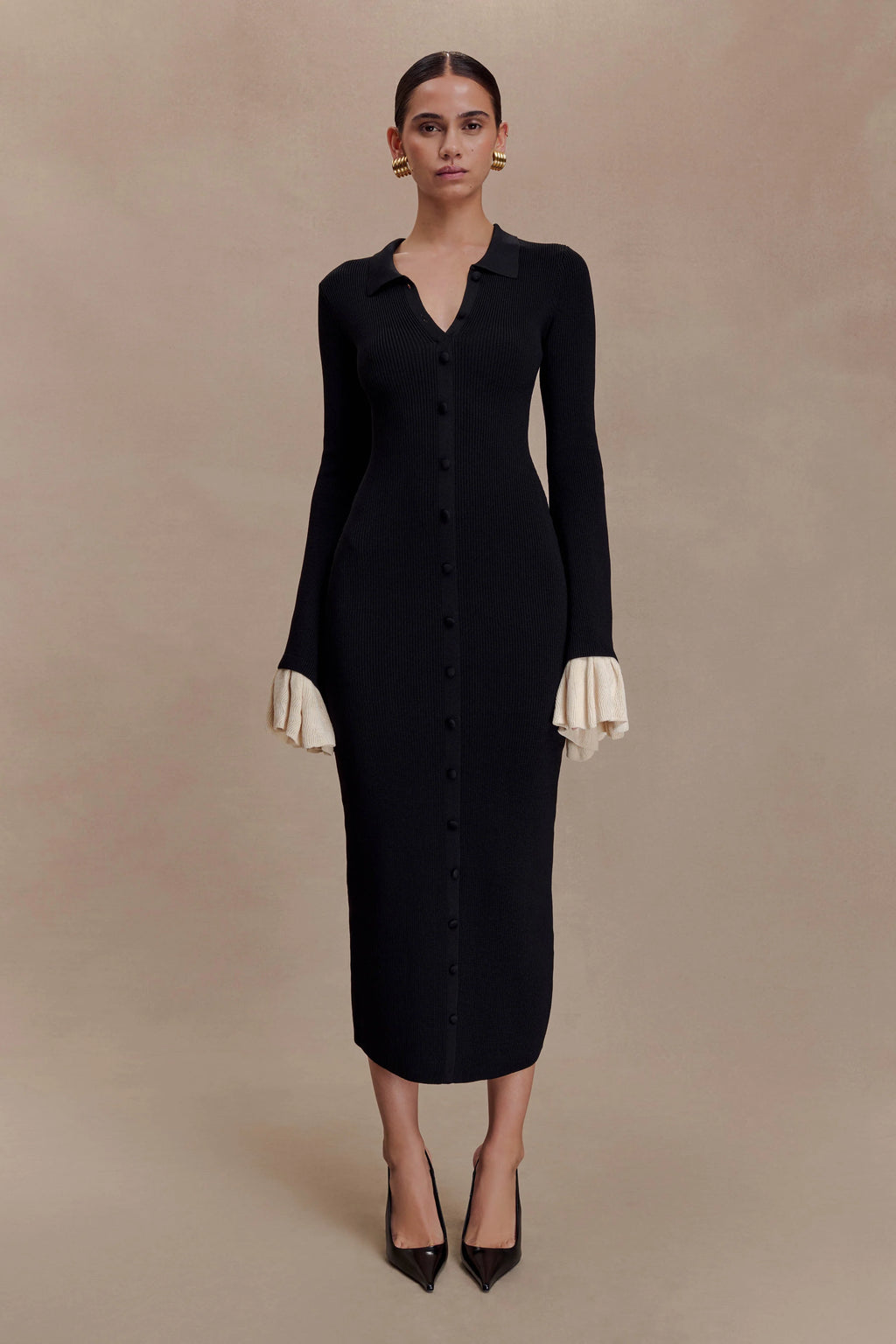 ER Amirose Ruffle Knit Midi Dress - Black