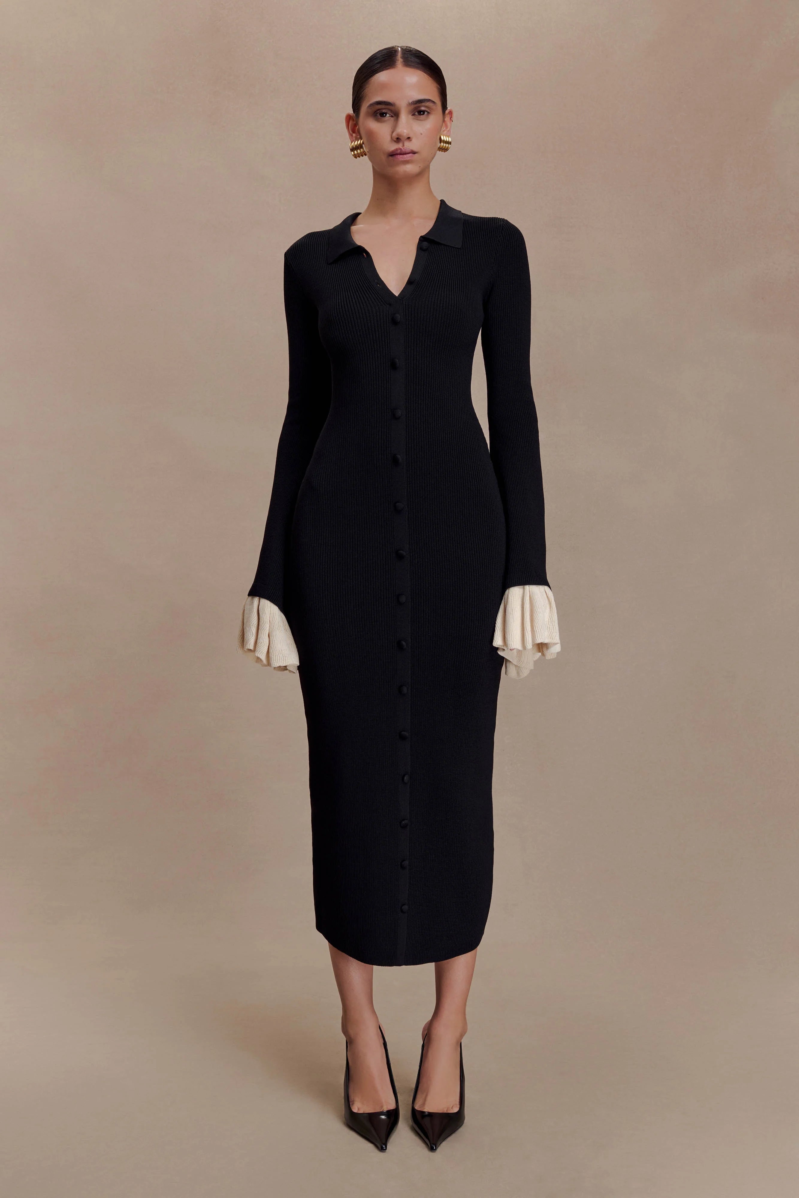 ER Amirose Ruffle Knit Midi Dress - Black