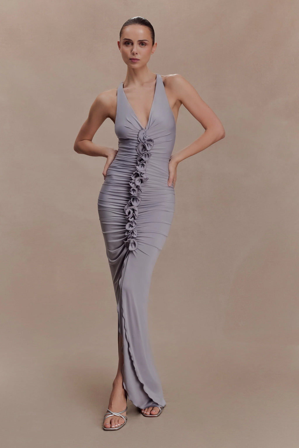 ER Alessandra Slinky Ruffle Maxi Dress - Grey