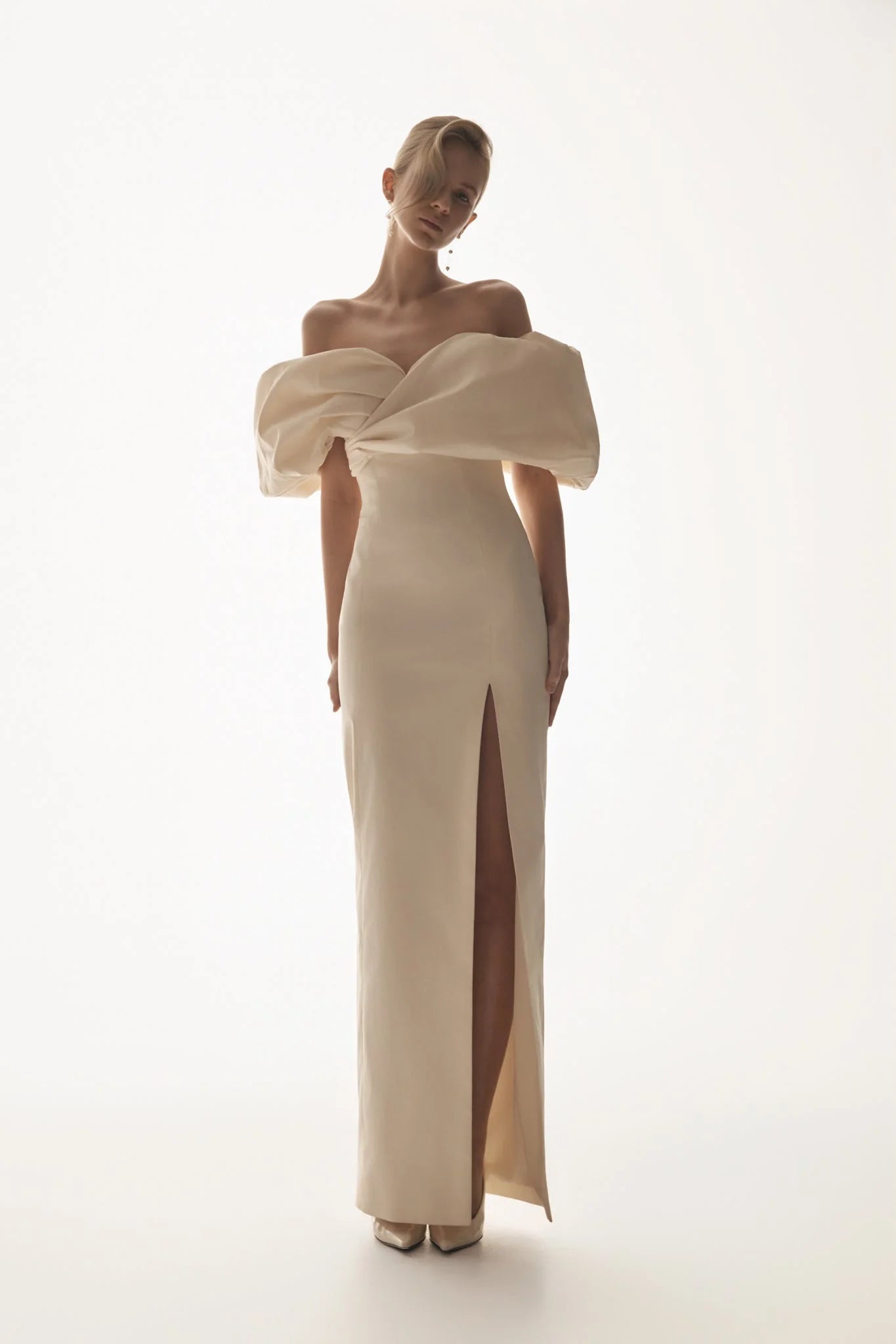 ER Angelica Taffeta Off Shoulder Bridal Gown - Soft Beige