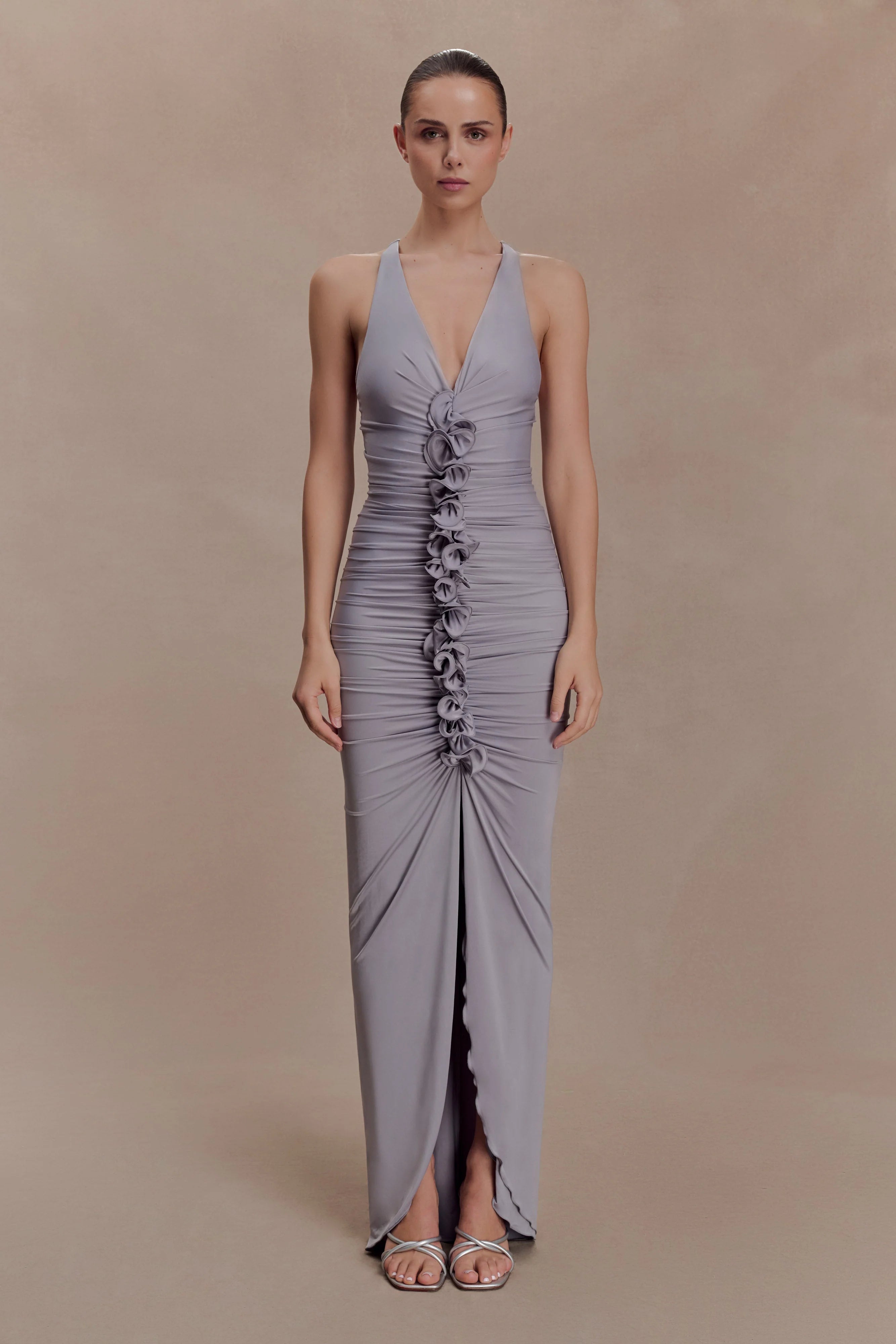 ER Alessandra Slinky Ruffle Maxi Dress - Grey
