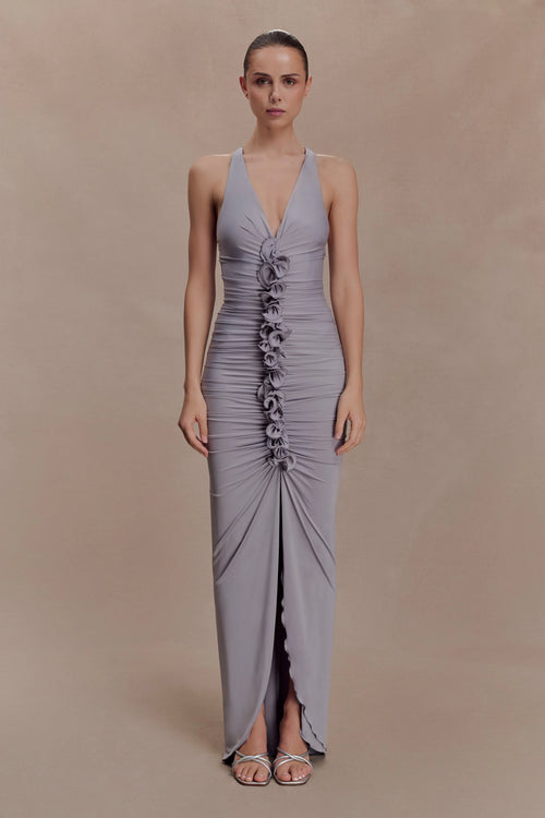 ER Alessandra Slinky Ruffle Maxi Dress - Grey