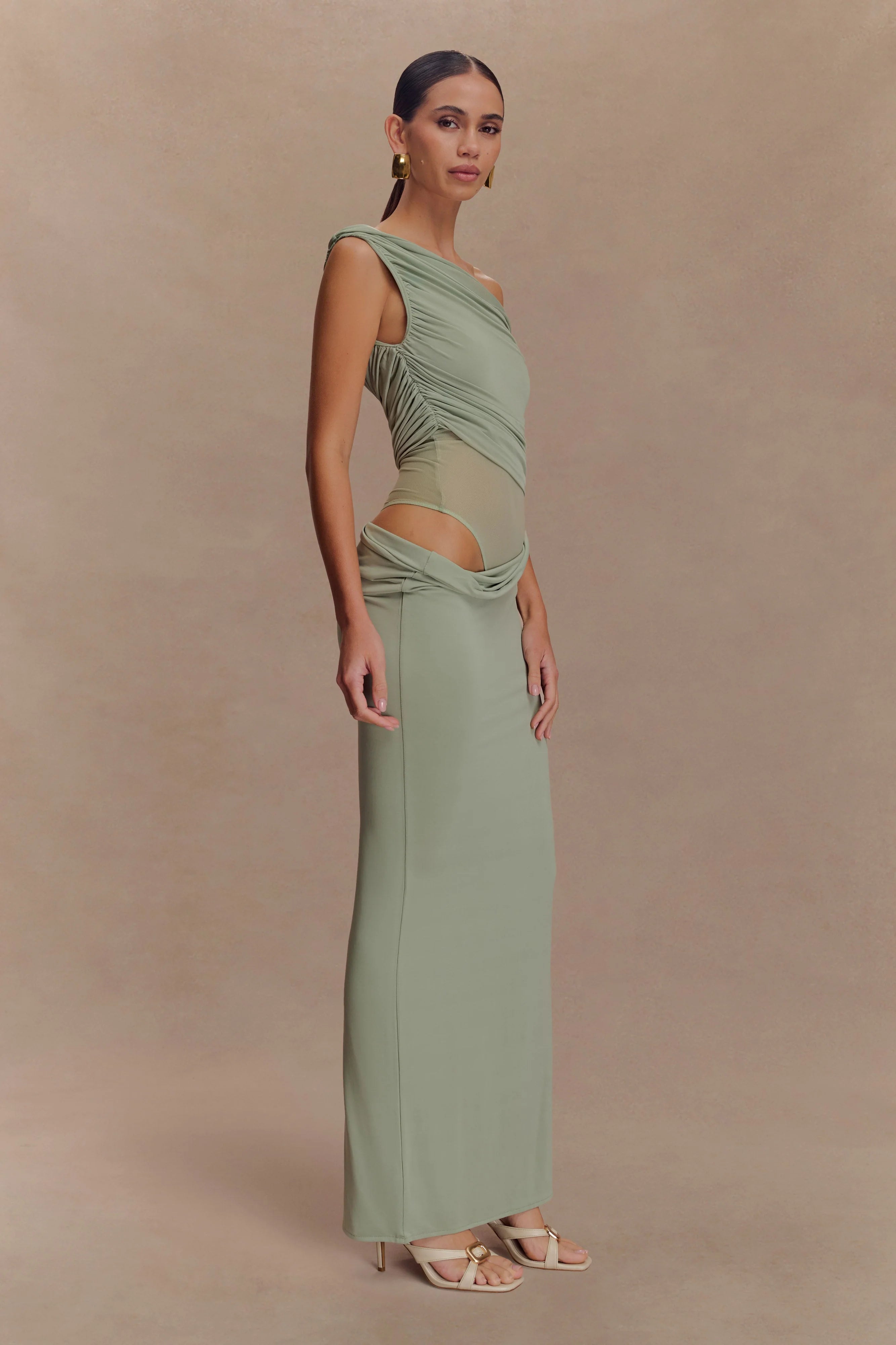 ER Callen One Shoulder Slinky Maxi Dress - Sage