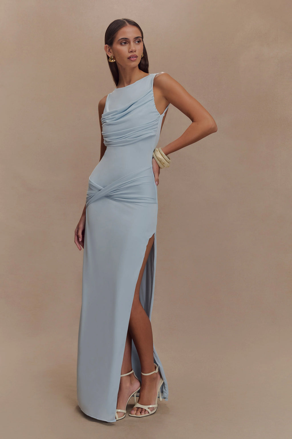 ER Henley Slinky Drape Maxi Dress - Pale Blue