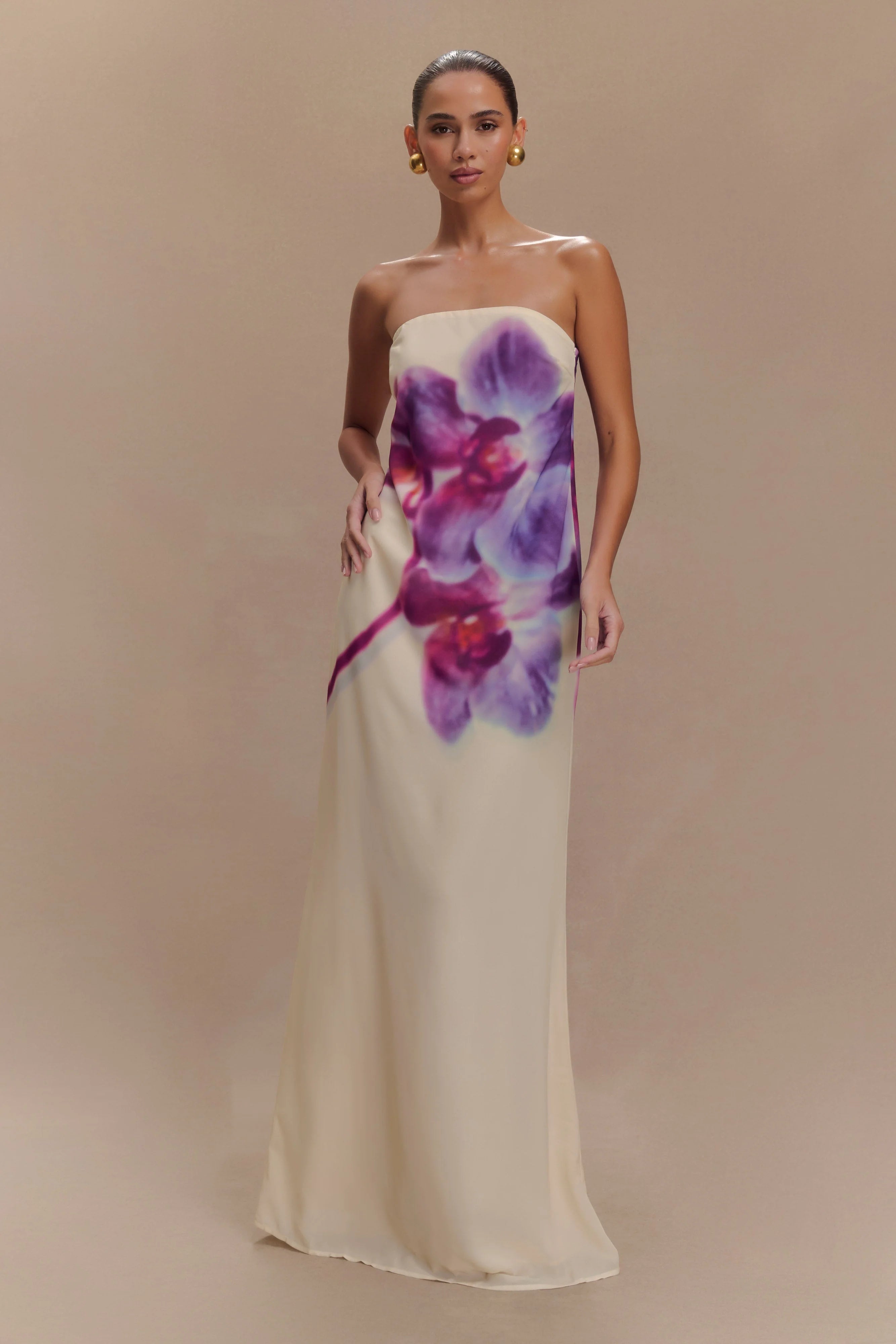 ER Amaya Strapless Chiffon Maxi Dress - Ivory Koi Orchid Print
