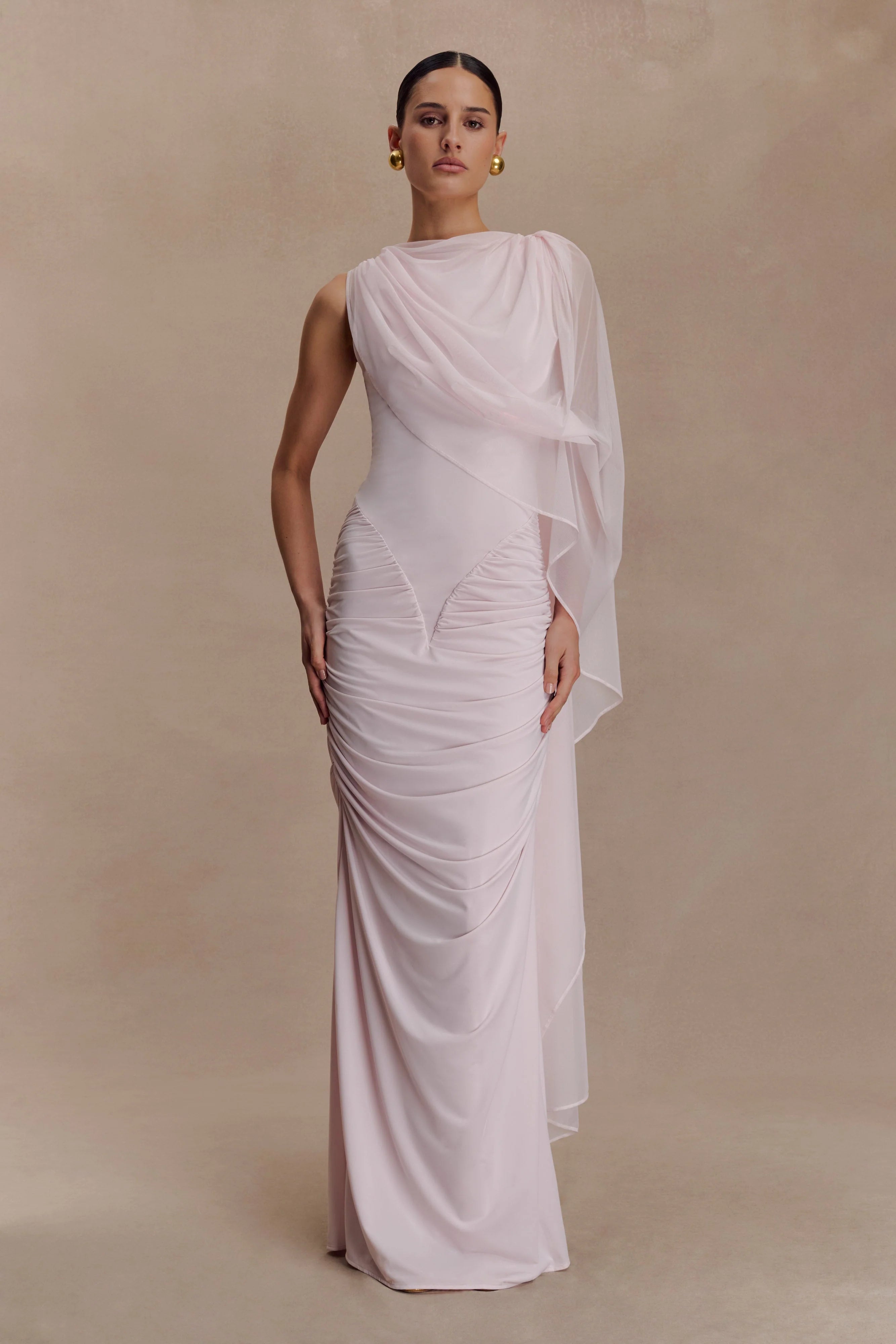 ER Amandine Ruched Slinky Maxi Dress - Pale Pink