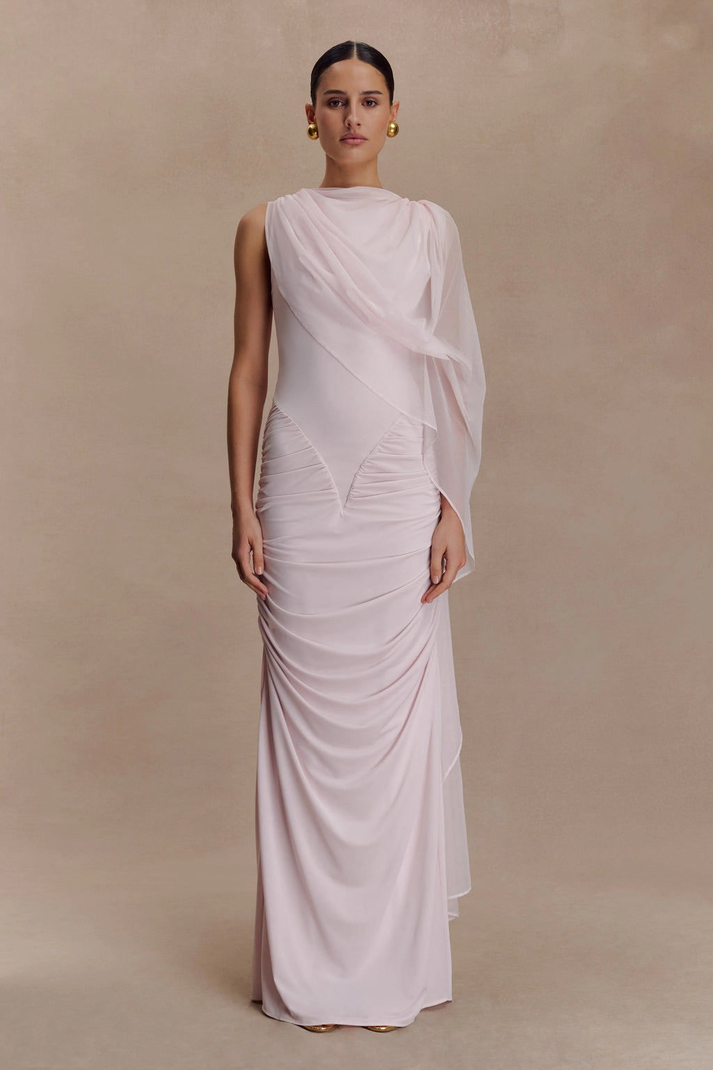 ER Amandine Ruched Slinky Maxi Dress - Pale Pink