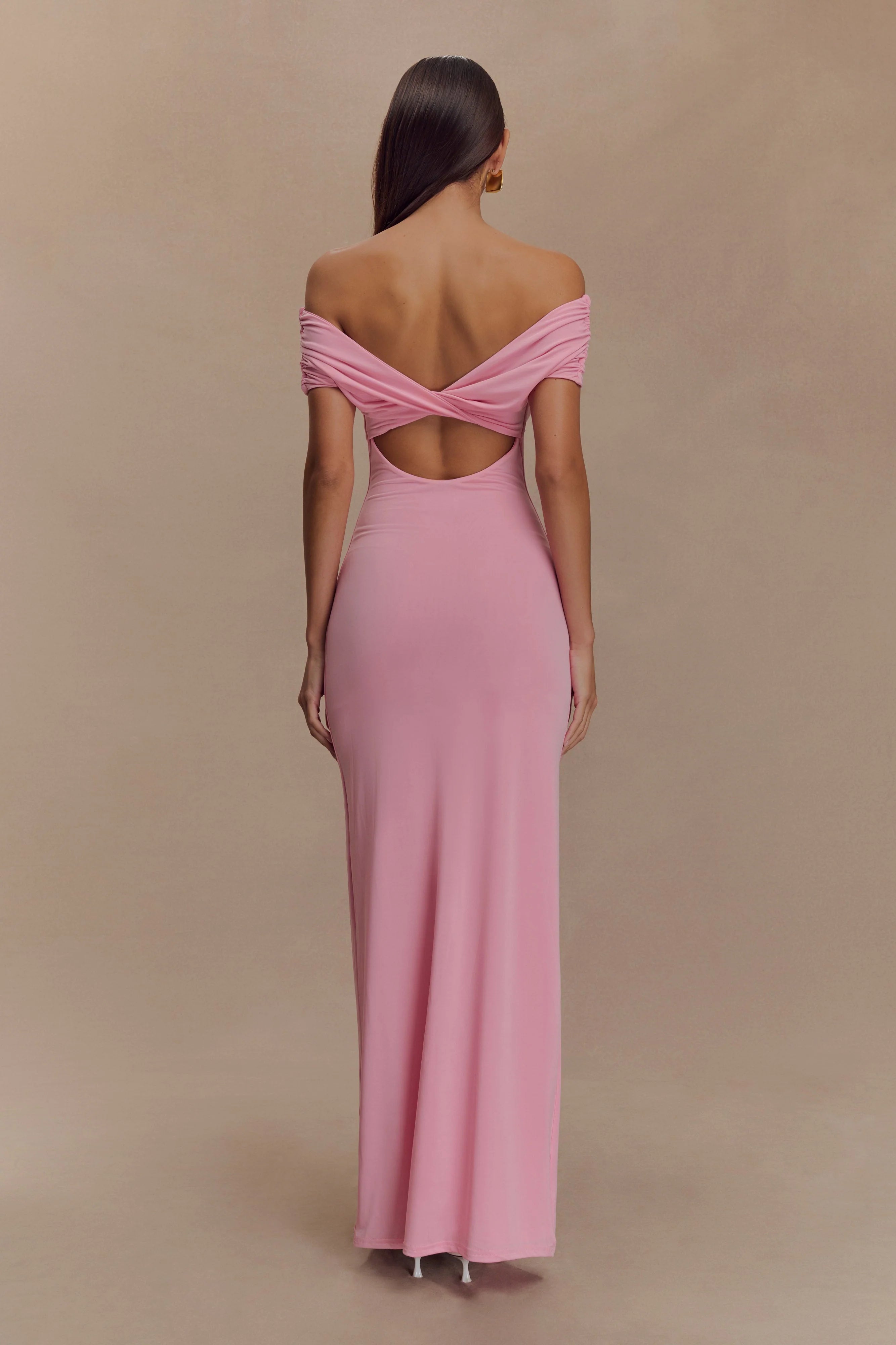 ER Imogen Off Shoulder Slinky Maxi Dress - Candy Pink