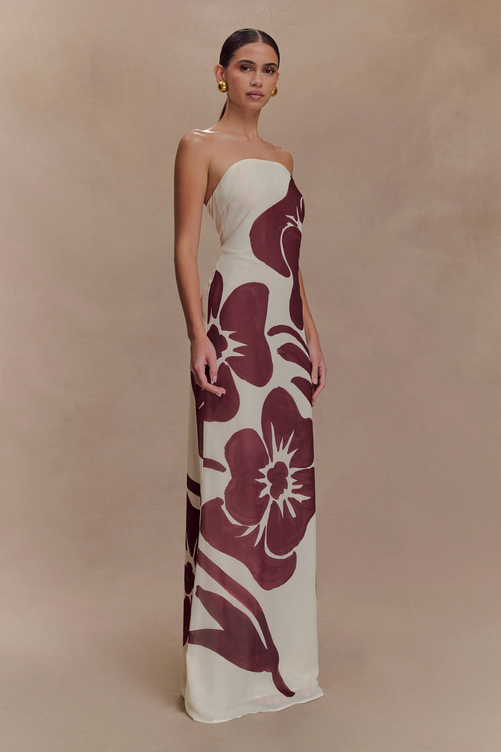ER Amaya Strapless Chiffon Maxi Dress - Brown Deco Fleur Print