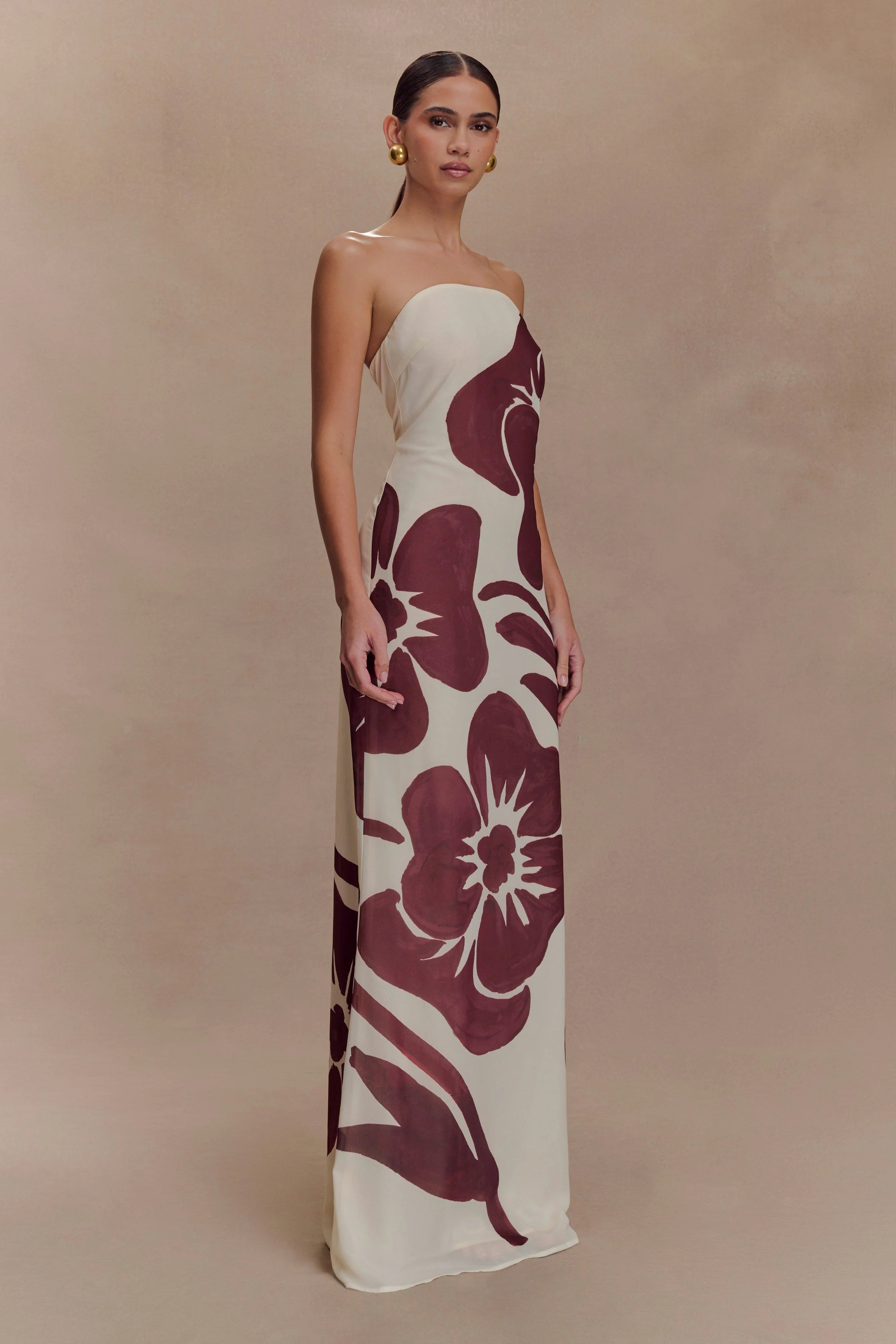ER Amaya Strapless Chiffon Maxi Dress - Brown Deco Fleur Print