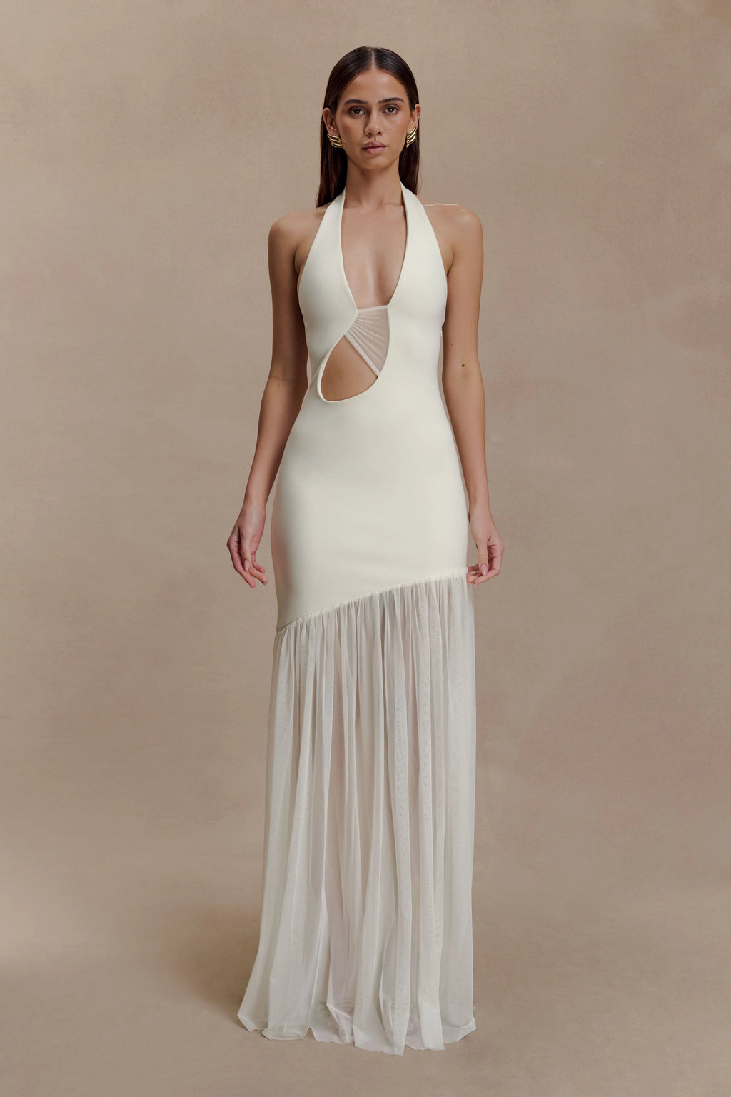 ER Aubree Crepe And Mesh Maxi Dress - Ivory