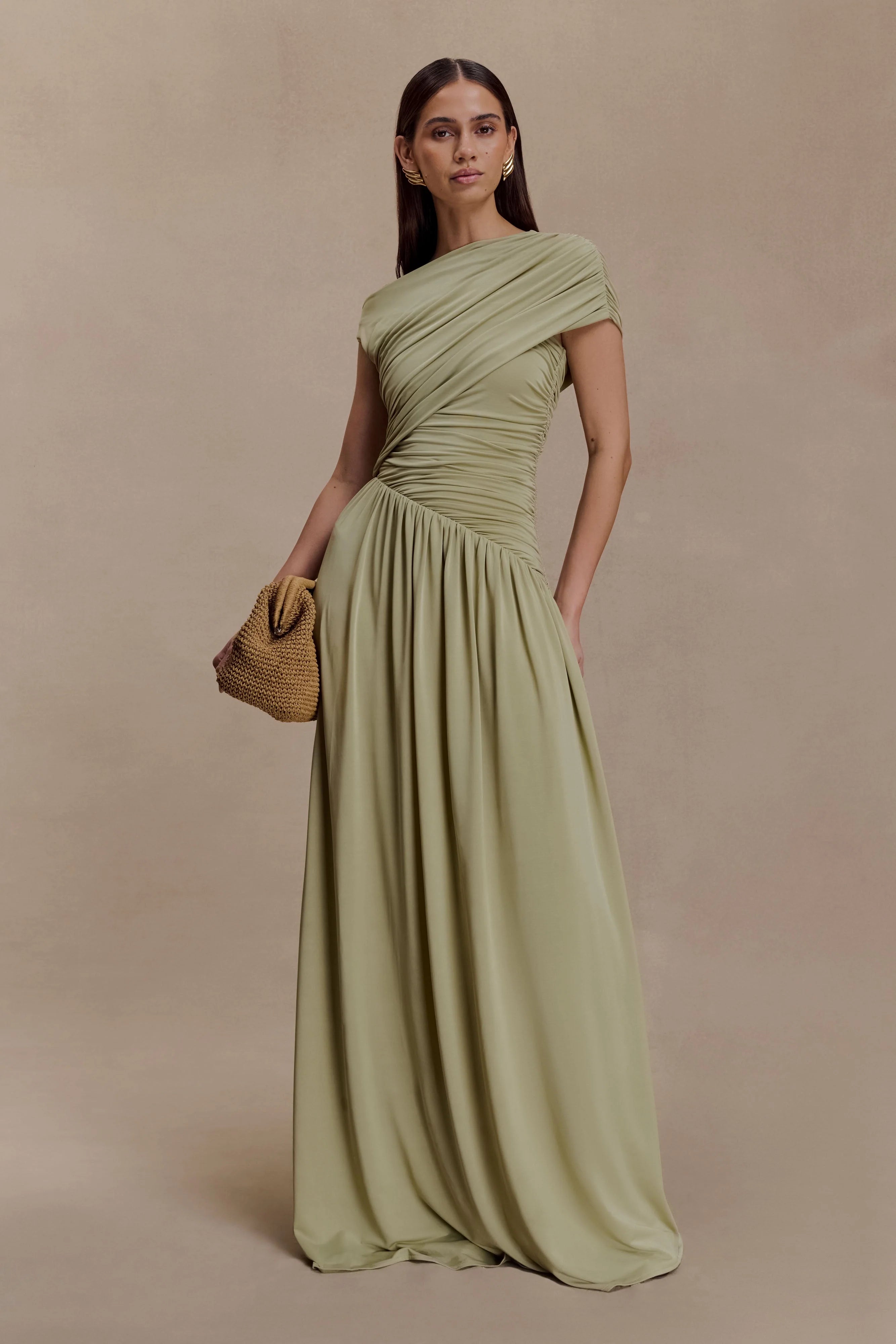 ER Ayeshya Slinky Asymmetric Maxi Dress - Sage