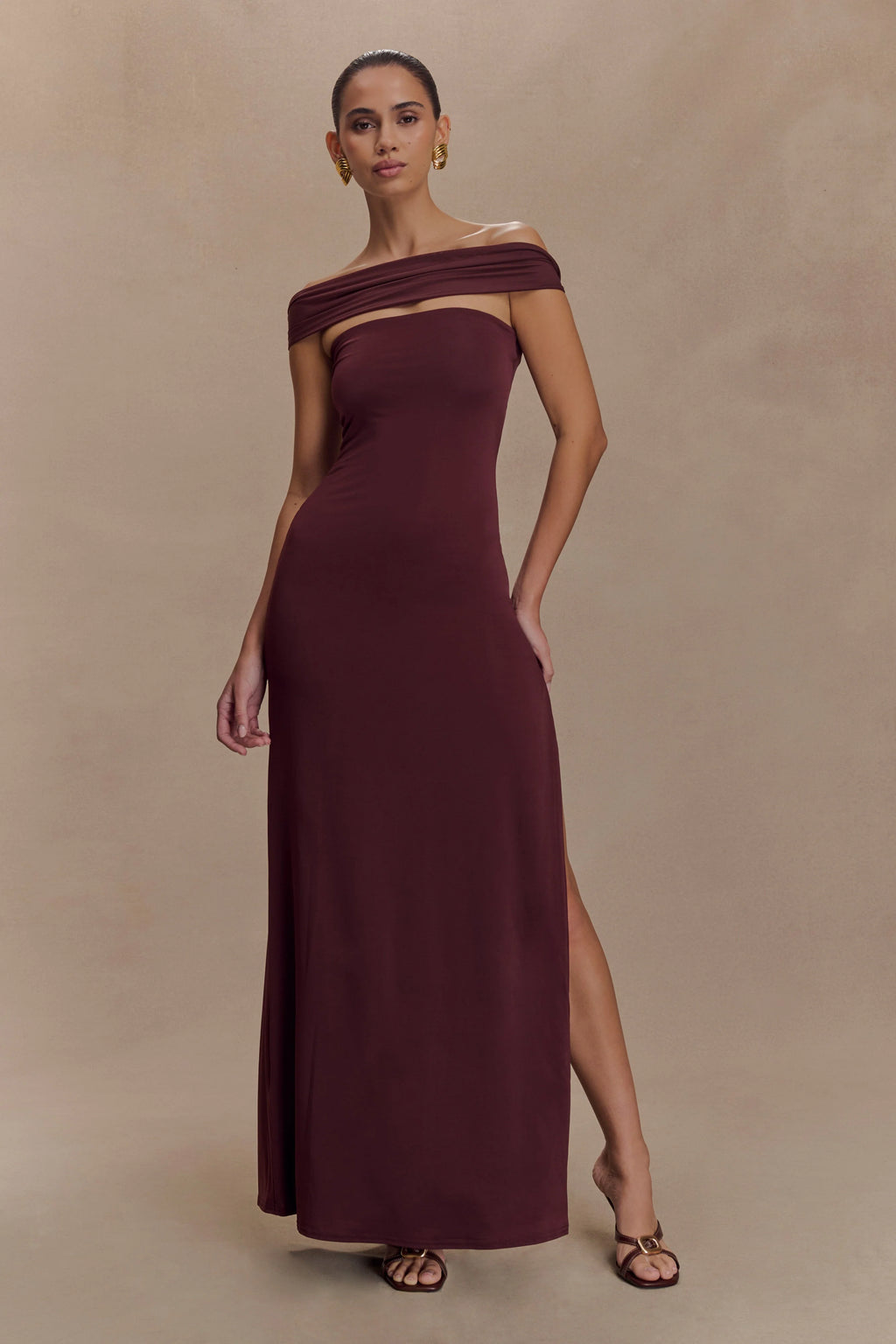 ER Aurora Slinky And Mesh Split Maxi Dress - Mahogany