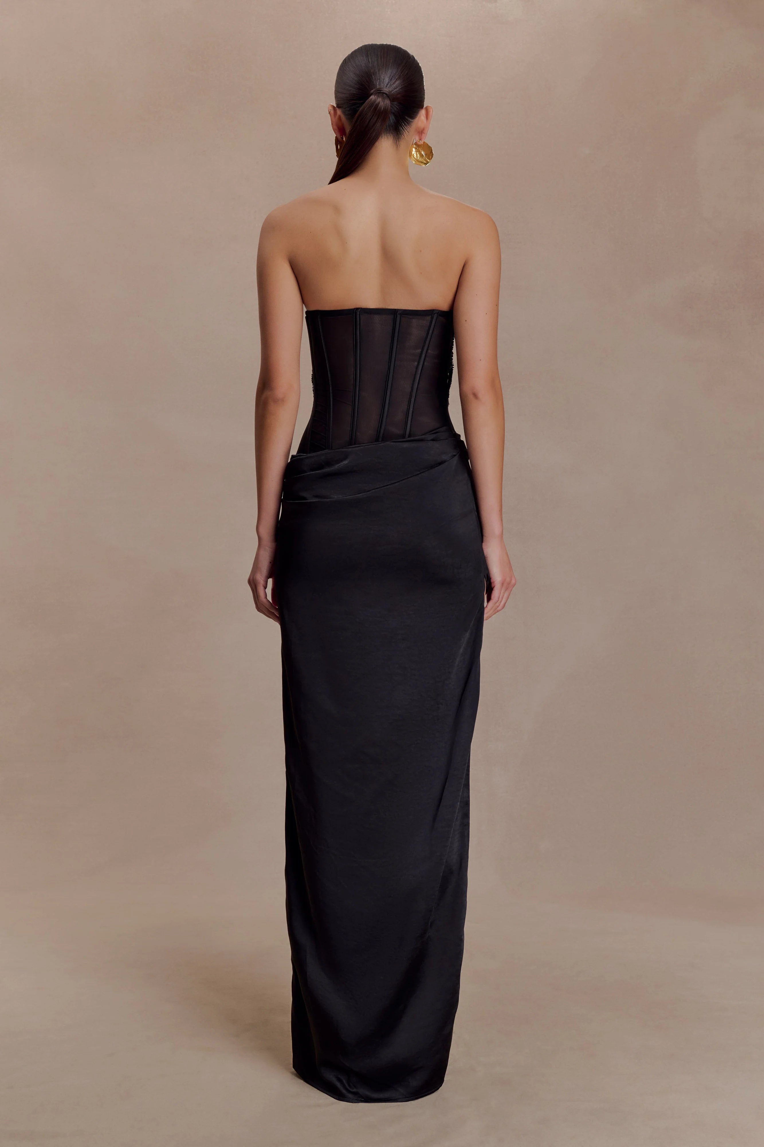 ER Asha Floral Mesh And Satin Maxi Dress - Black