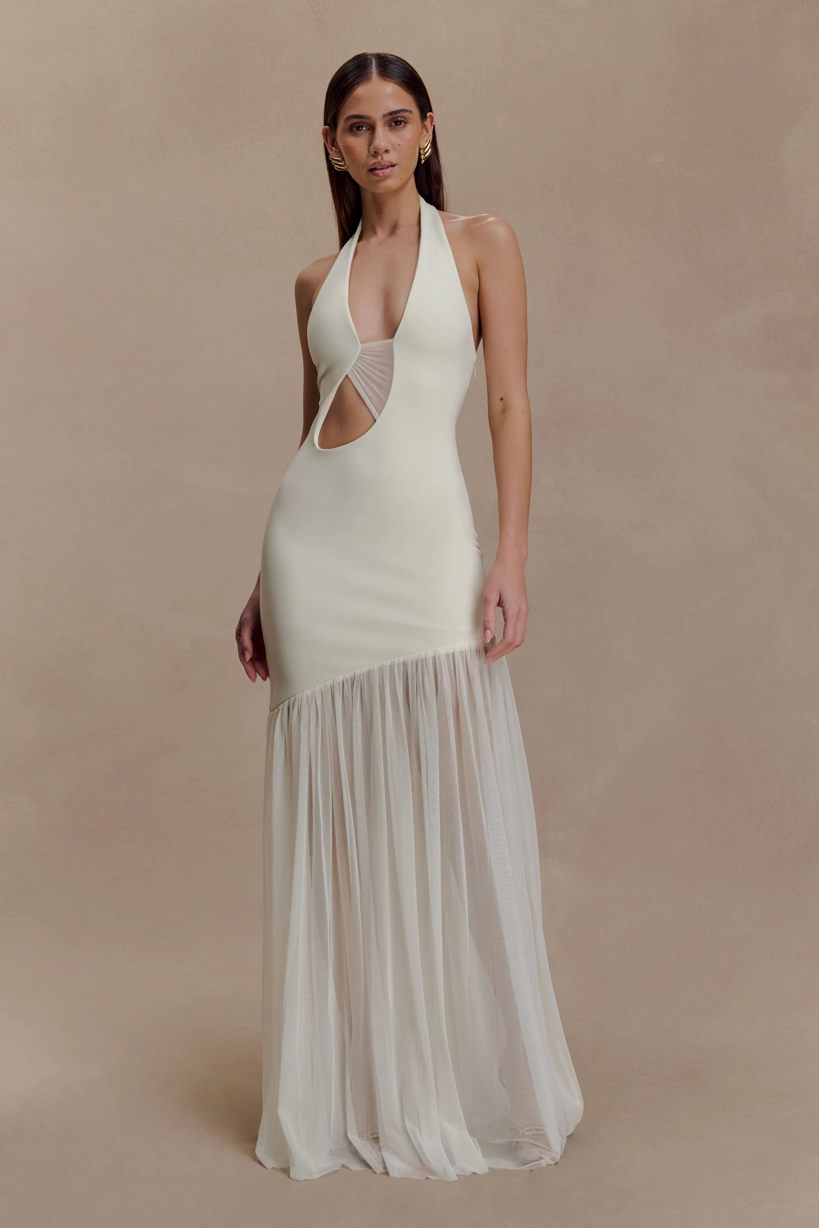 ER Aubree Crepe And Mesh Maxi Dress - Ivory