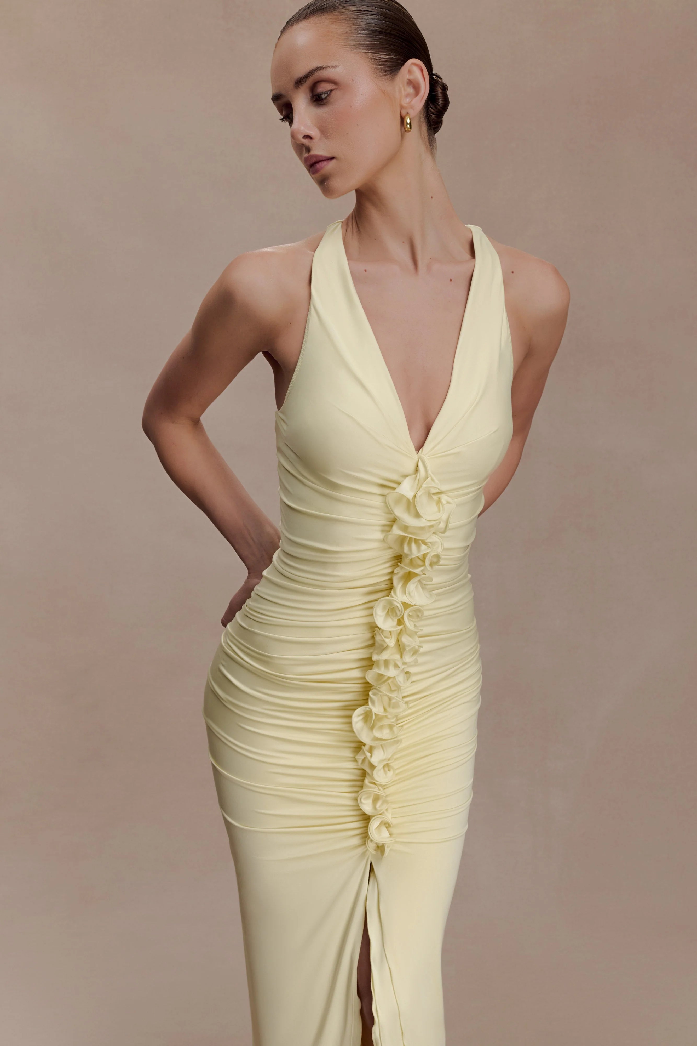 ER Alessandra Slinky Ruffle Maxi Dress - Lemon