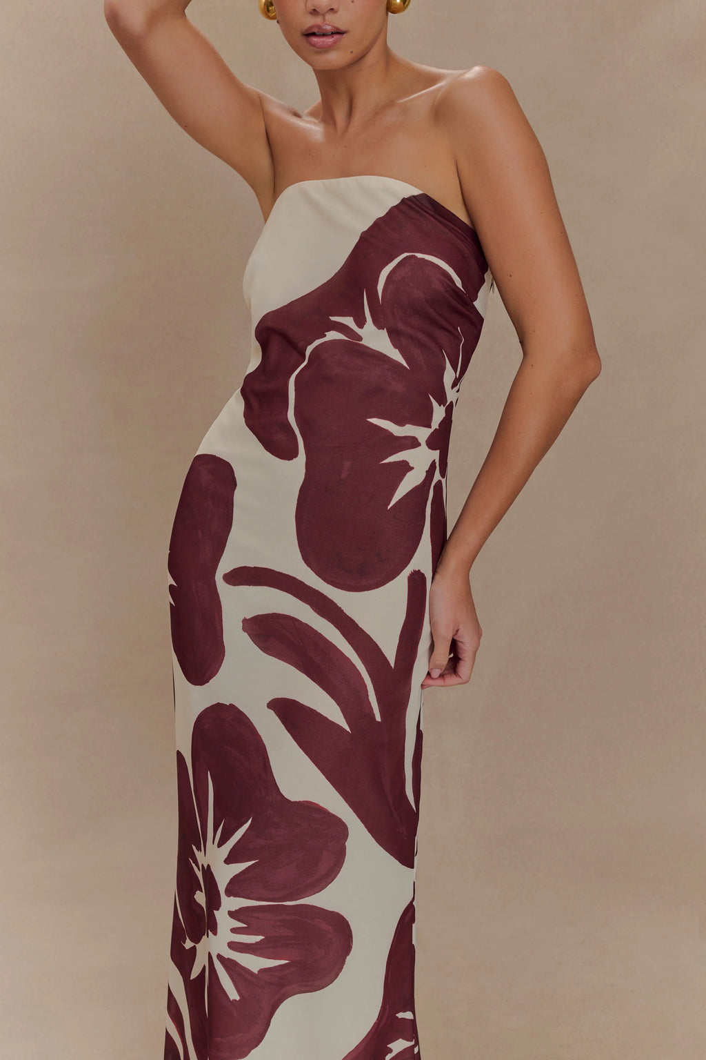 ER Amaya Strapless Chiffon Maxi Dress - Brown Deco Fleur Print