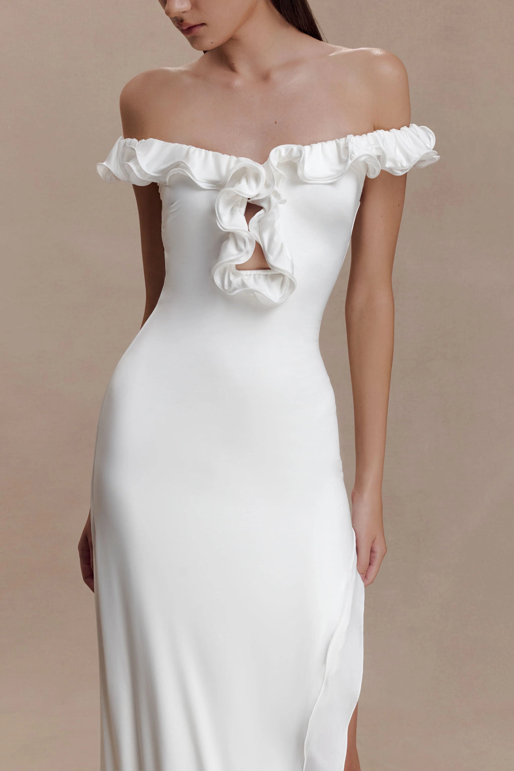 ER Allegra Off Shoulder Ruffle Midi Dress - Ivory